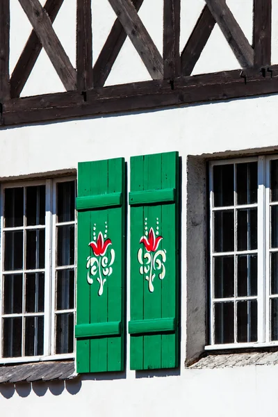 Typical germany windows with green shutters and window box — Stock Photo, Image