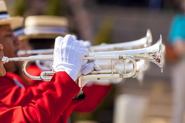 Blåsorkester i röd uniform utför — Stockfoto