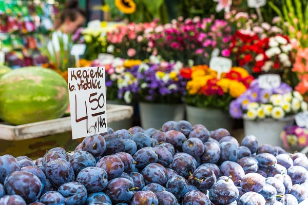 Pruimen op de markt staan in Polen. — Stockfoto