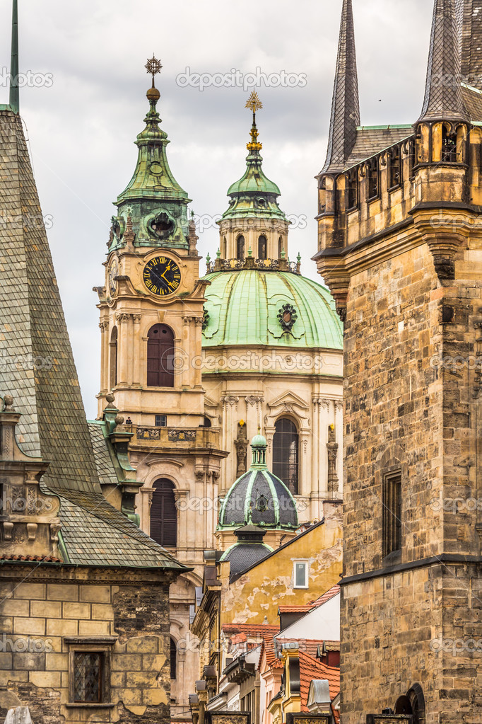 View of colorful old town in Prague taken from Charles bridge, Czech Republic 