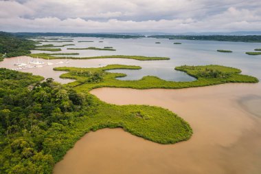 Panama. Tropikal Ada Hava Manzarası. Vahşi sahil şeridi yemyeşil egzotik orman. Bastimentos Adası 'ndaki Kızıl Kurbağa Sahili, Bocas del Toro, Orta Amerika, Panama.
