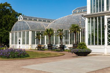 GOTHENBURG, SVEDEN - 24 Temmuz 2021: cam sera. Halka açık Palm House, Göteborg Bahçe Topluluğu 24 Temmuz 2021.