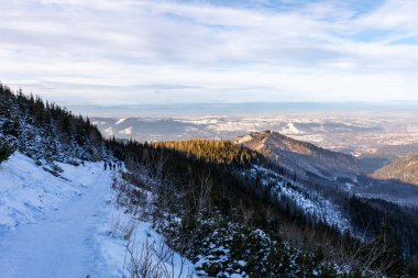 Kış zamanı Tatra Atlıları. Beyaz karlı zirveler, soğuk kış dağları. Polonya 'da Tatra Dağları, Zakopane yakınlarında, Avrupa.