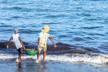 Negombo, Sri Lanka sahillerinde balıklarla çalışan insanlar.