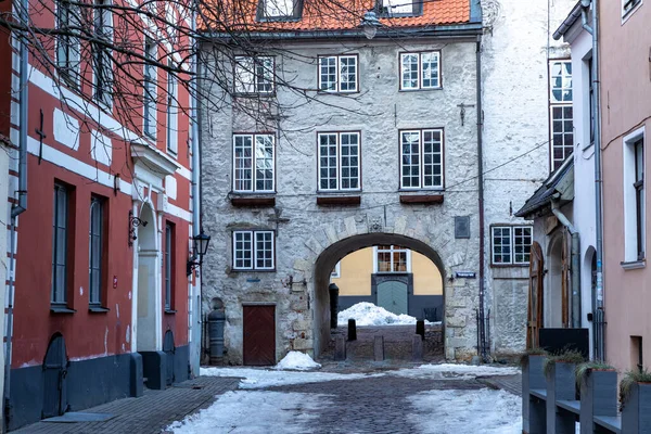 Portão Sueco Cidade Velha Riga Arquitetura Gótica Medieval Riga Capital — Fotografia de Stock