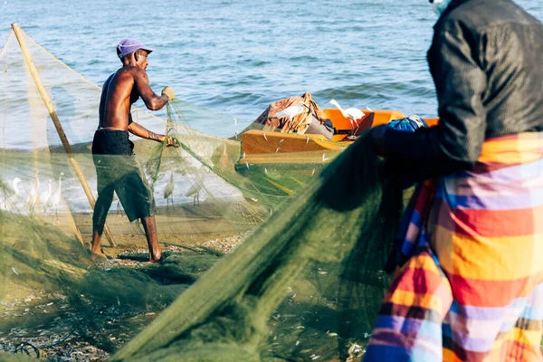 Negombo Sri Lanka Februar 2022 Menschen Die Mit Fischen Strand — Stockfoto