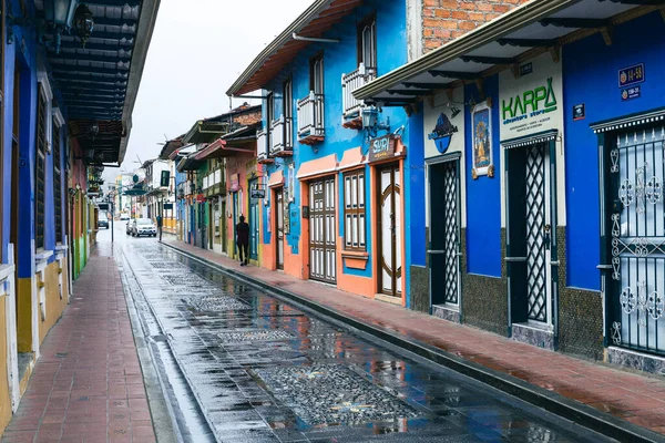 LOJA, ECUADOR - 15 Nisan 2022 Loja, Ekvador 'da Lourdes Caddesi' ndeki renkli koloni evleri. Güney Amerika.