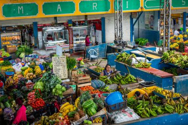 PUYO, ECUADOR - 20 Nisan 2022: Puyo, Ekvador 'da tarım ürünleri satan geleneksel Ekvador gıda pazarı. Oriente. Güney Amerika. 
