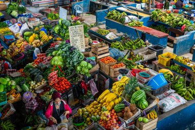 PUYO, ECUADOR - 20 Nisan 2022: Puyo, Ekvador 'da tarım ürünleri satan geleneksel Ekvador gıda pazarı. Oriente. Güney Amerika. 