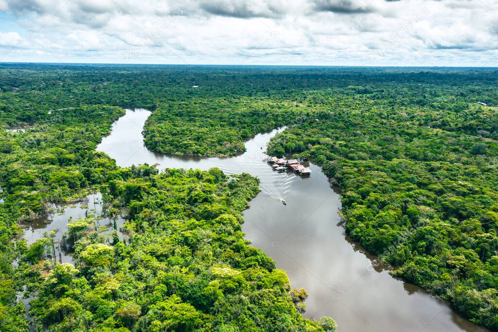 Aerial view of Amazon rainforest in Peru, South America. Green forest. Bird's-eye view. Jungle in Peru. 