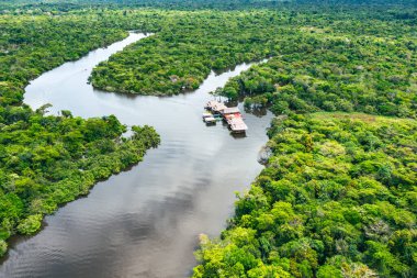 Peru. Rio Momon 'un hava manzarası. Iquitos, Peru yakınlarındaki Amazon yağmur ormanlarının en iyi manzarası. Güney Amerika. 