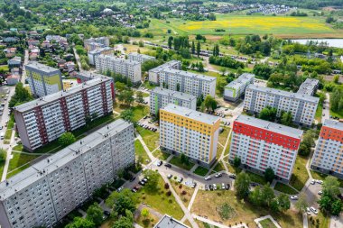 Sosnowiec, Dabrowa Havzası. Sosnowiec 'teki apartman dairesinin havadan görüntüsü. Polonya.