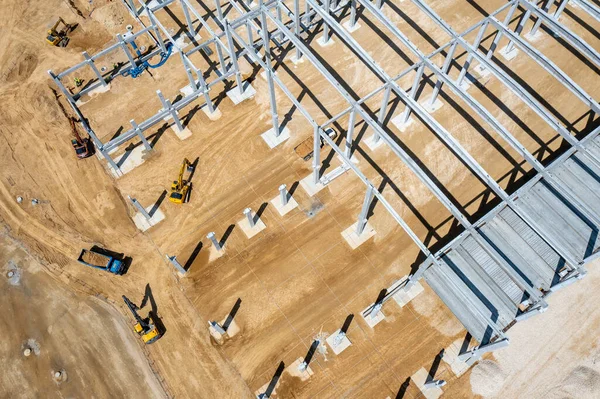 Construção Fábrica Área Construção Industrial Aérea Com Guindastes Equipamentos Construção — Fotografia de Stock