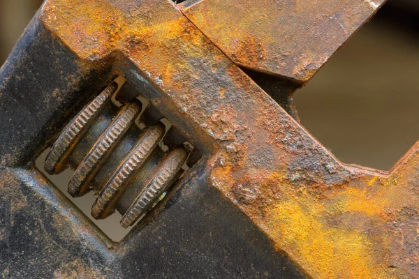 Closeup Part Rusty Adjustable Wrench Natural Light Background — Zdjęcie stockowe