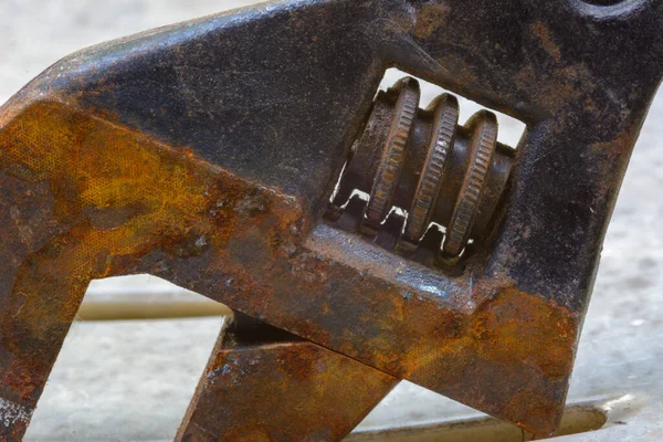 Closeup Part Rusty Adjustable Wrench Natural Light Background — Zdjęcie stockowe