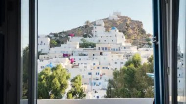 Ios Greece, Cyclades Islands, view to the Chora historic city center on traditional architecture