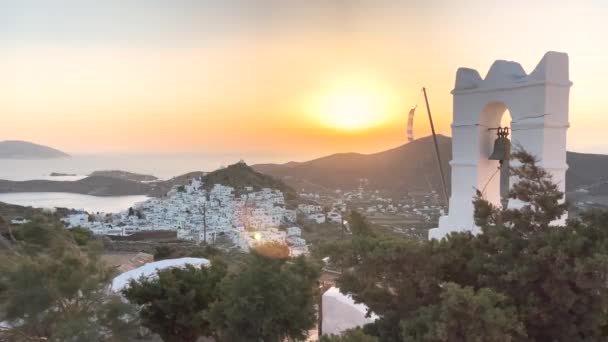 Ios Greece Beautiful Sunset Cycladic Island Panoramic View Church Old — Video