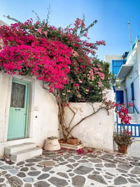 Beautiful Greek white house typical traditional architecture, front door decorated with flowers, cycladic islands, greece