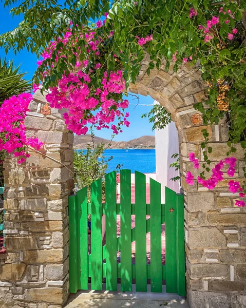 Beautiful Green Gate Stone Arch Flowers Entrance Door Romantic Greek — Foto de Stock