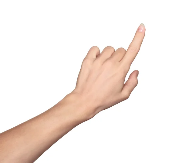 흰색 배경에 고립 된 가상 화면을 터치 하는 여성 손 로열티 프리 스톡 이미지