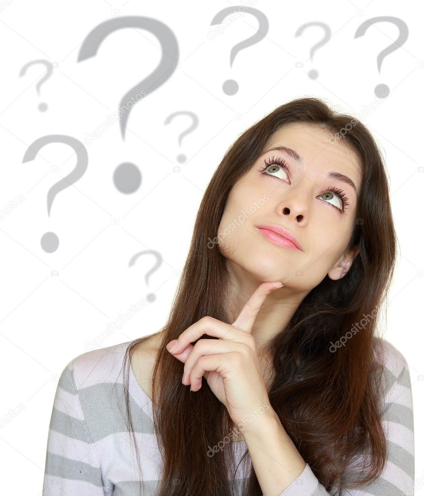 Thinking beautiful woman with question sign under head isolated