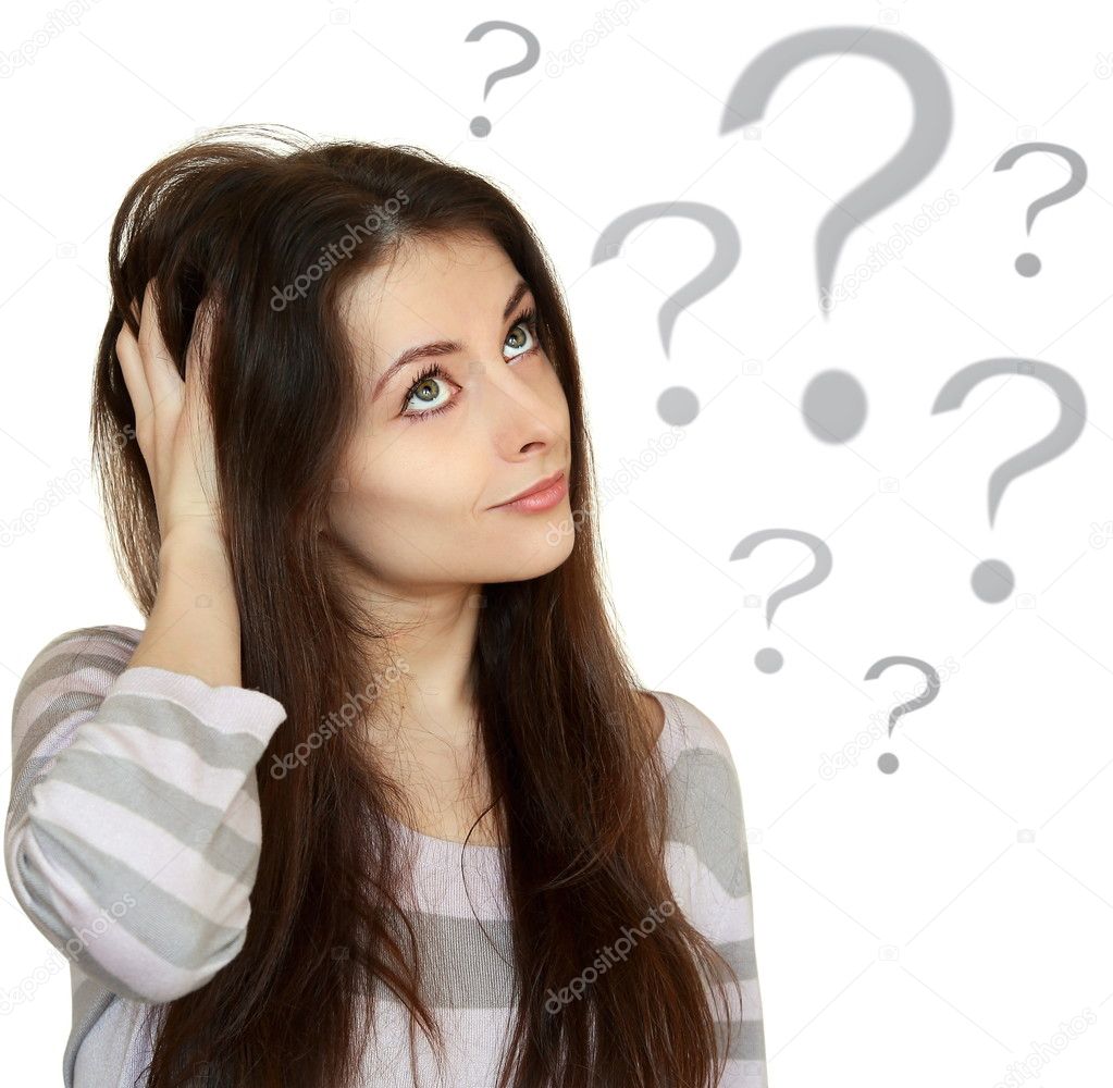 Thinking business woman with question mark over head isolated on