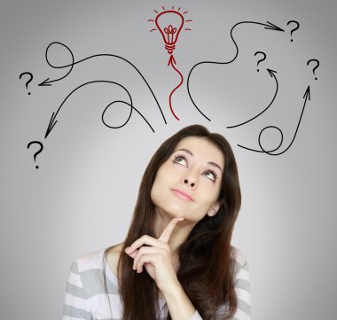 Thinking woman making decision and have an idea. She looking up clipart