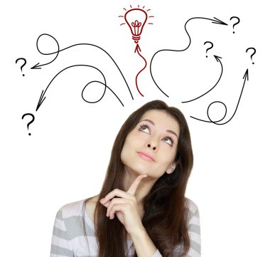 Thinking woman making decision and have an idea. She looking up clipart