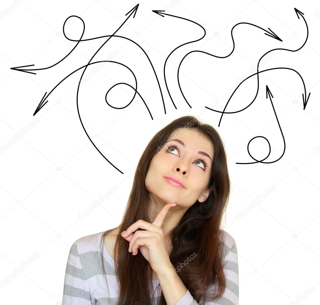Young woman thinking with many arrows above the head isolated on