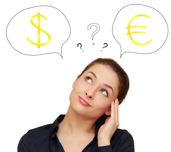 Wanita bisnis berpikir tentang euro atau dolar mata uang yang terisolasi o — Stok Foto
