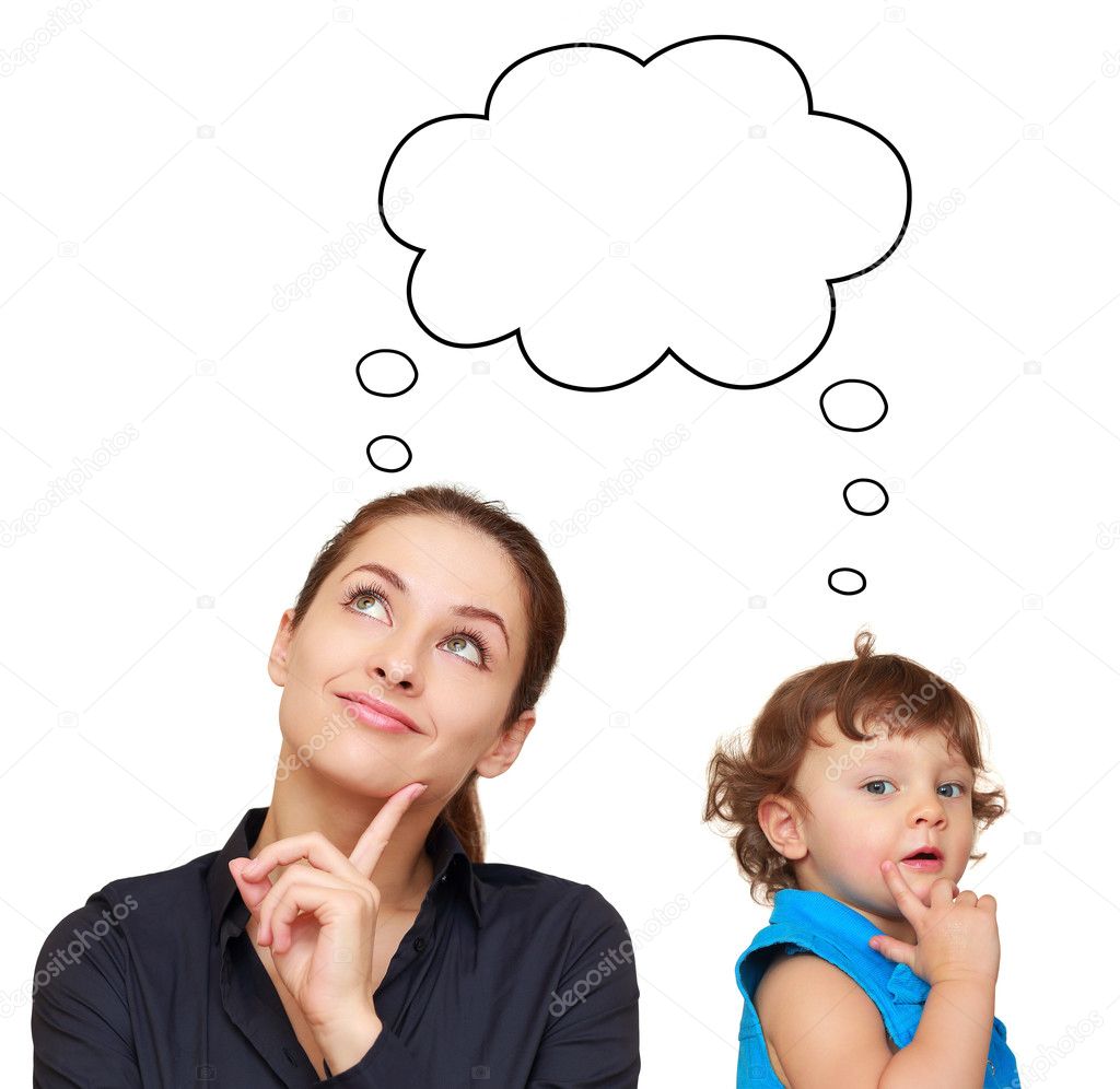 Thinking young woman and cute child concept with bubble above is