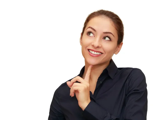 Pensando mujer sonriente mirando en espacio de copia vacío aislado en w —  Fotos de Stock