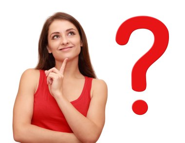 Thinking girl looking up with red question sign near her clipart
