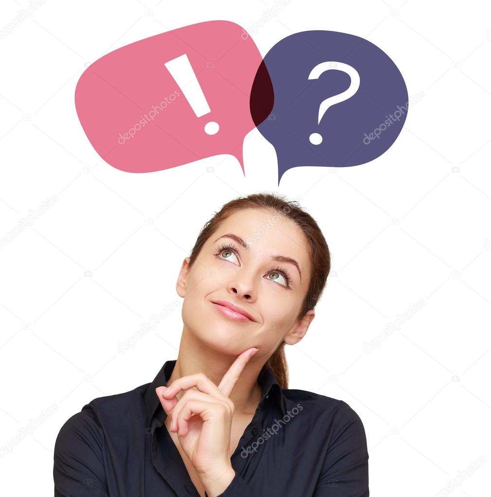 Business woman with colorful question mark and exclamation in balloons isolated