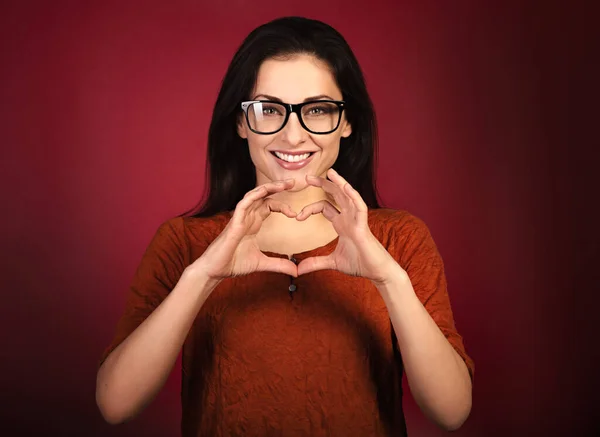 Beautiful Healthy Woman Showing Love Heart Two Hands Enjoying Smiling Stock Image