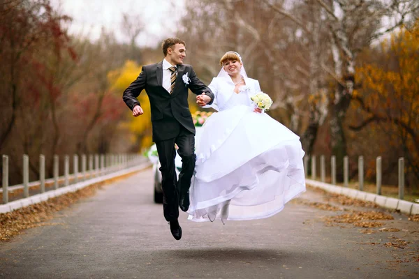 Saltando recém-casados Imagem De Stock