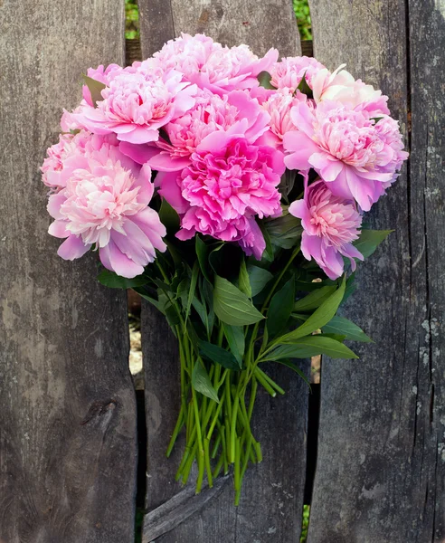 Bunch of peonies on wooden surface — Stock Photo, Image