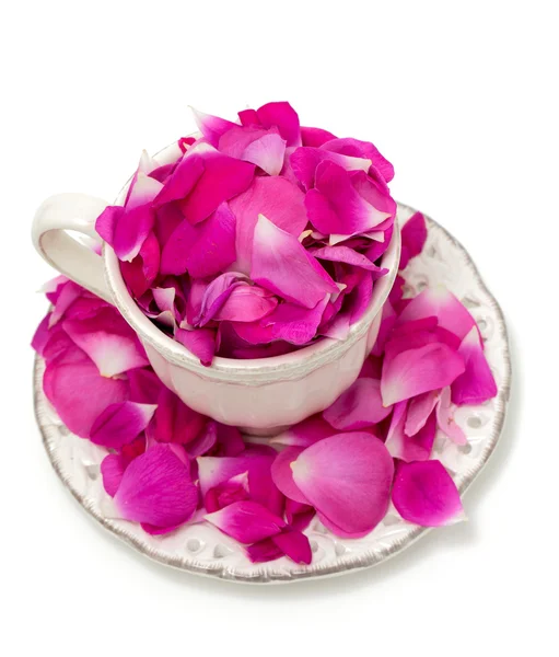 Różowe płatki róż w filiżance herbaty piękne — Zdjęcie stockowe