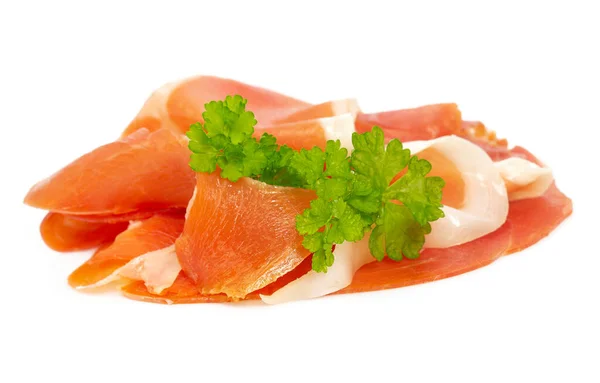 Geschnittener Jamon Isoliert Auf Weißem Hintergrund — Stockfoto