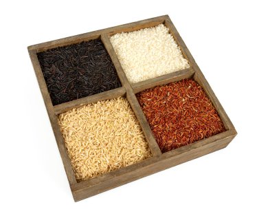 Beyaz arkaplanda izole edilmiş bir kutuda pirinç çeşitliliği