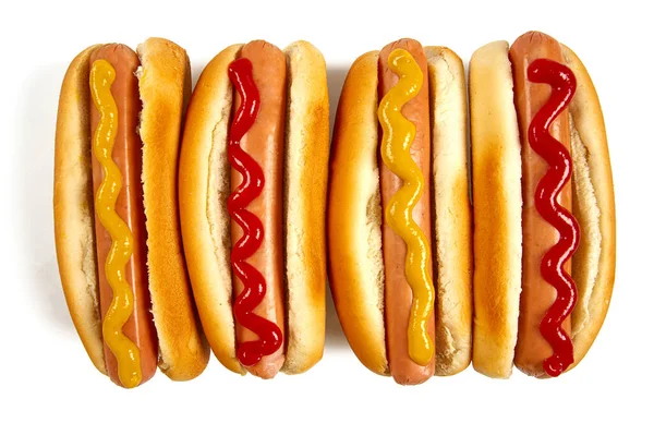 Hot Dogs Moutarde Ketchup Isolés Sur Fond Blanc Vue Dessus — Photo