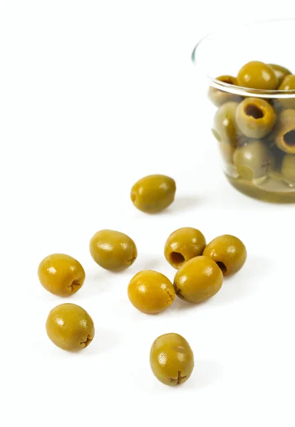 Green Olives White Background Olives White Background Top View Pitted — Fotografia de Stock