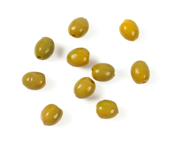 Green Olives White Background Olives White Background Top View Pitted — Foto Stock