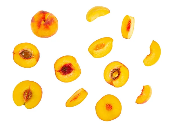 Peach Pieces Isolated White Background Top View — Stockfoto