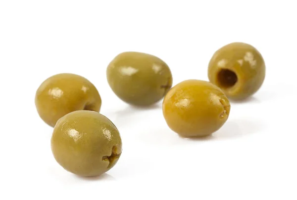 Green Olives White Background Olives White Background Top View Pitted — Fotografia de Stock