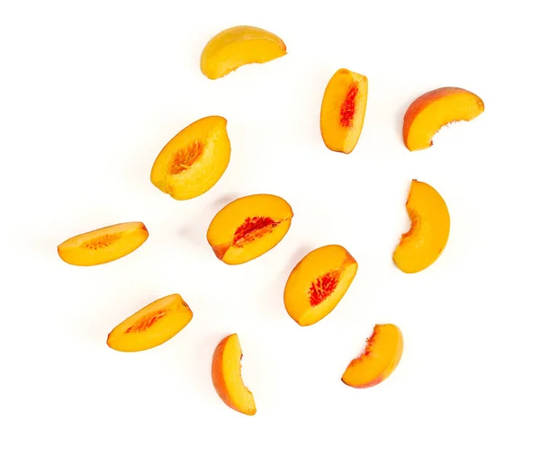 Peach Pieces Isolated White Background Top View — Stockfoto