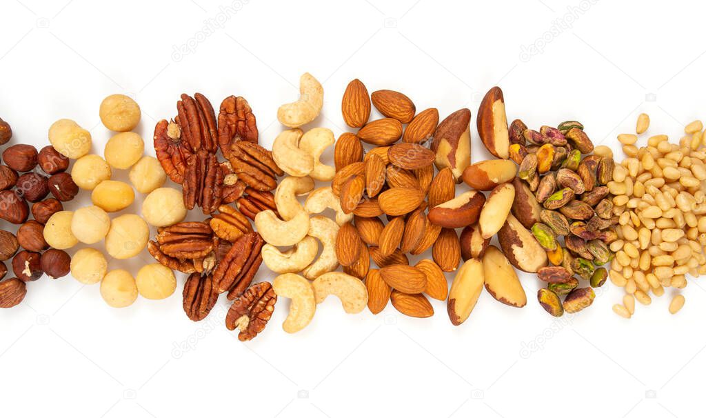 assortment of nuts isolated on white background, close up
