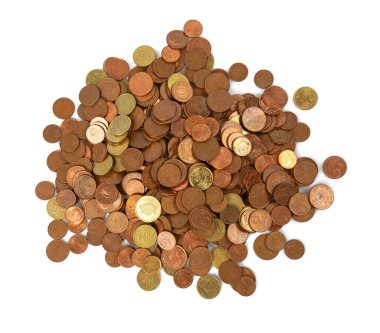 euro cent coins isolated on white background, top view
