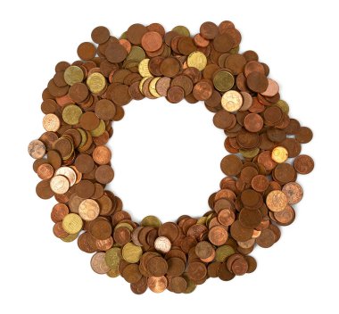 Euro cent coins isolated on white background. Frame made from cent coins.