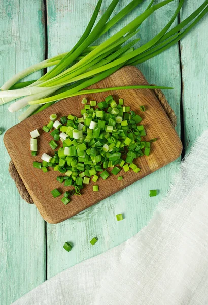 Spring Onion Sliced Salad Seasoning Wooden Surface — Stock Photo, Image